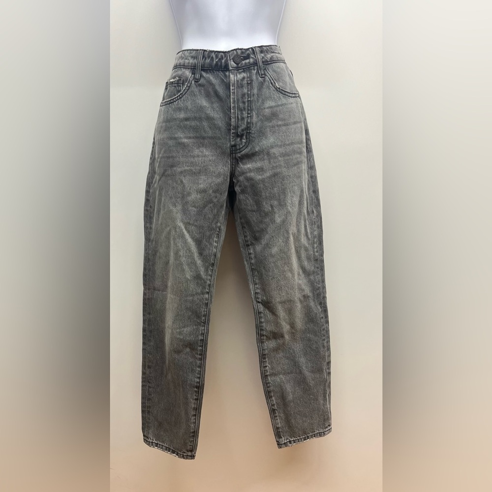 Gray-Black Straight Leg Jeans with Distressed Vintage Style